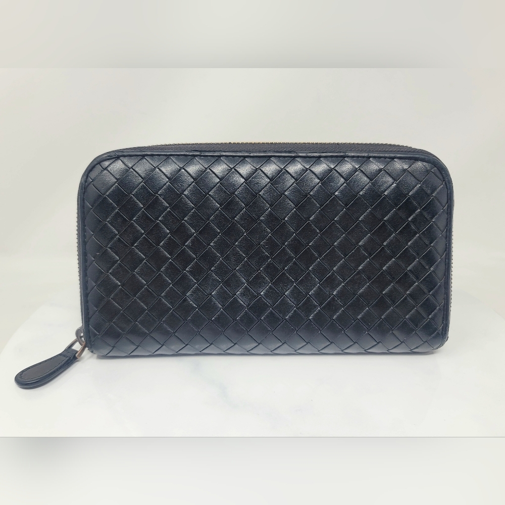 Bottega Veneta Black Woven Leather Zip Around Long Wallet Italy Authentic
